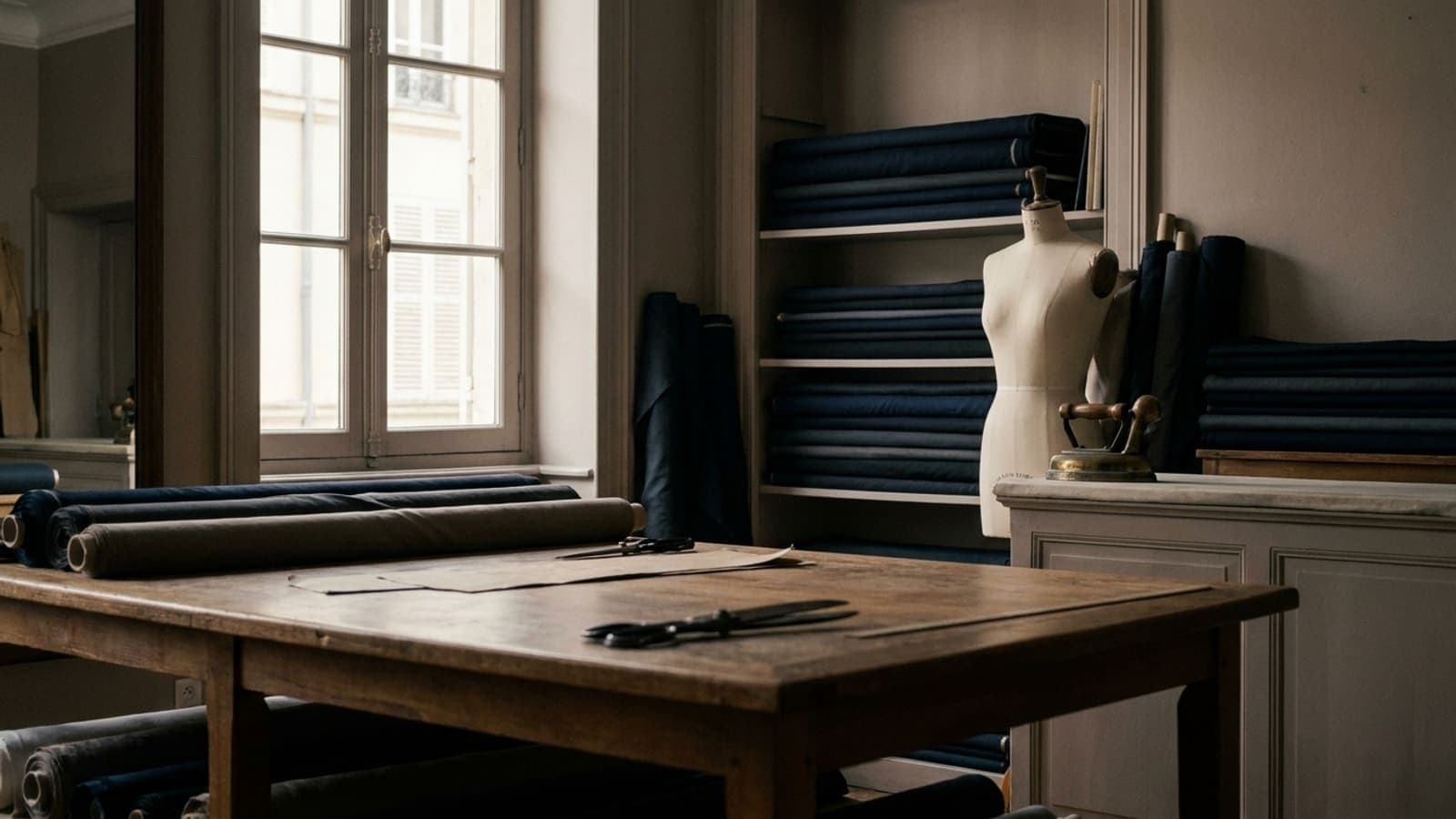 A tailor's workroom seen end to end: pattern table, racked cloth, a dress form and a pressing iron