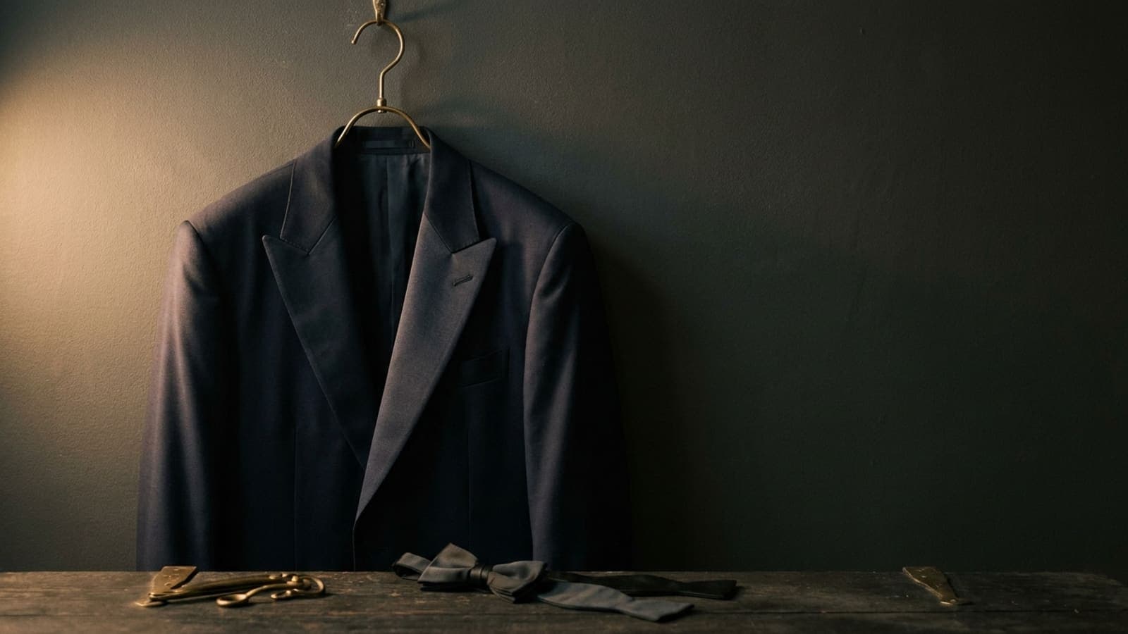 A midnight-blue dinner jacket on a hanger, grosgrain lapel catching the light, an untied bow tie below