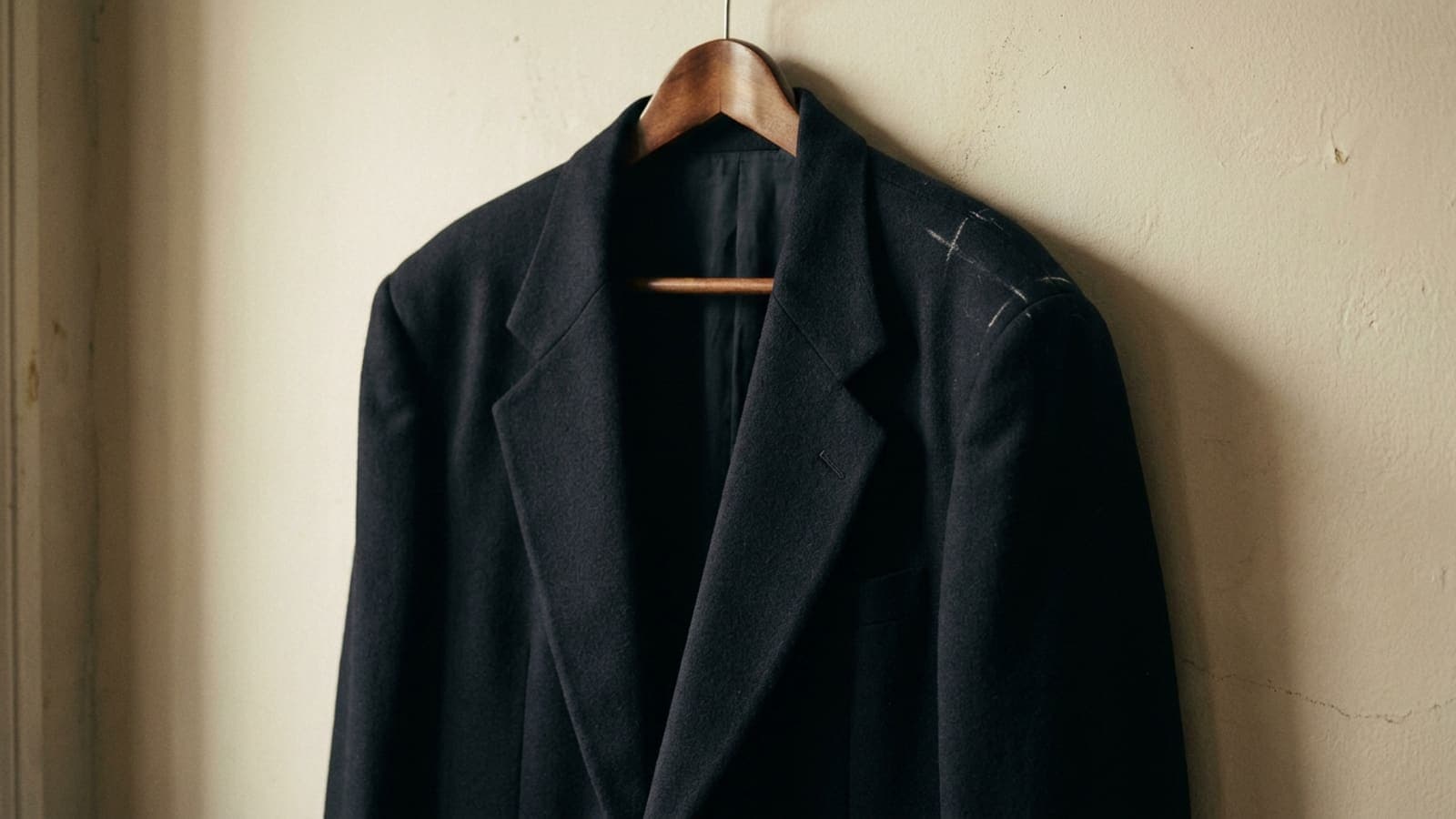 An older jacket laid open on a bench with its lining partly unpicked and the shoulder padding exposed
