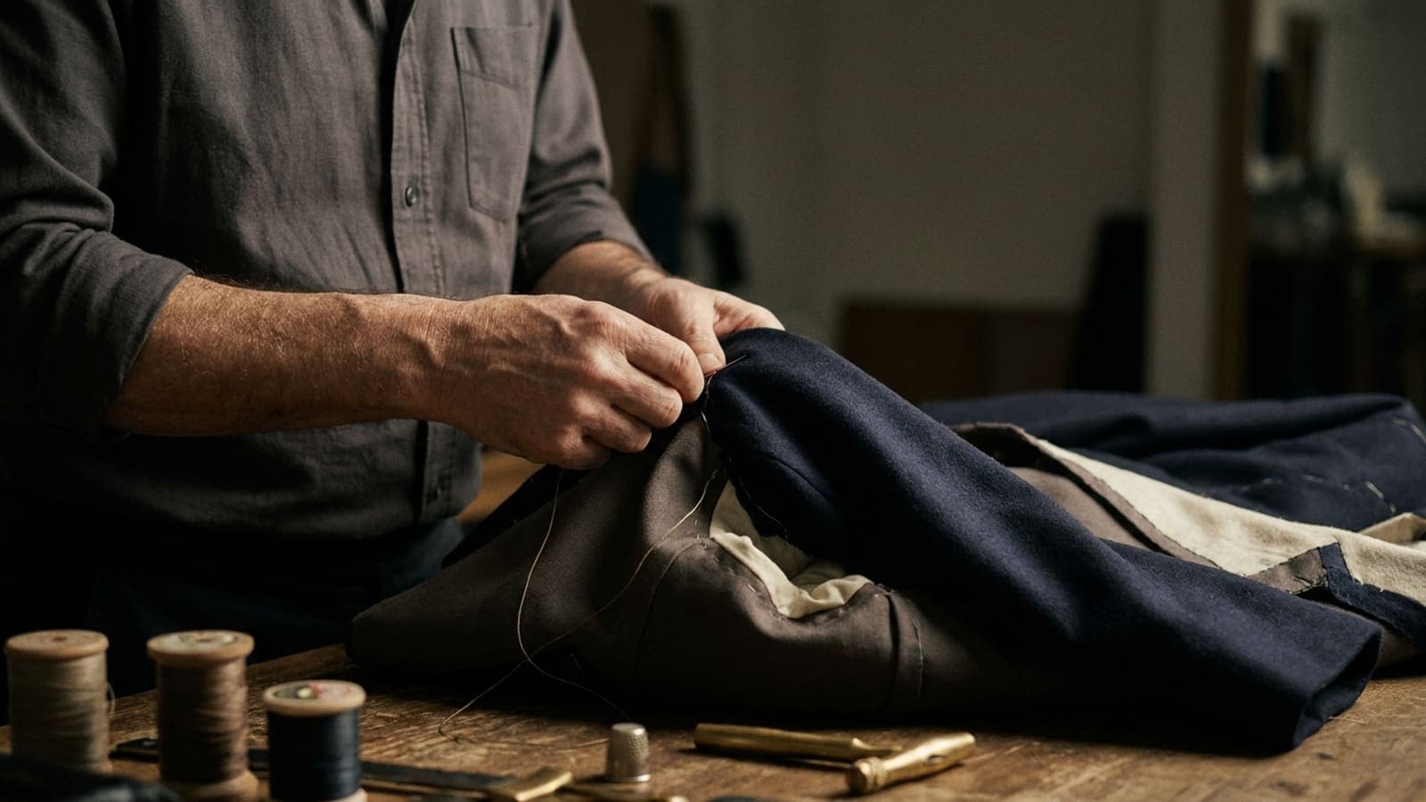 A tailor's hands setting a sleeve into an armhole with a needle and waxed thread