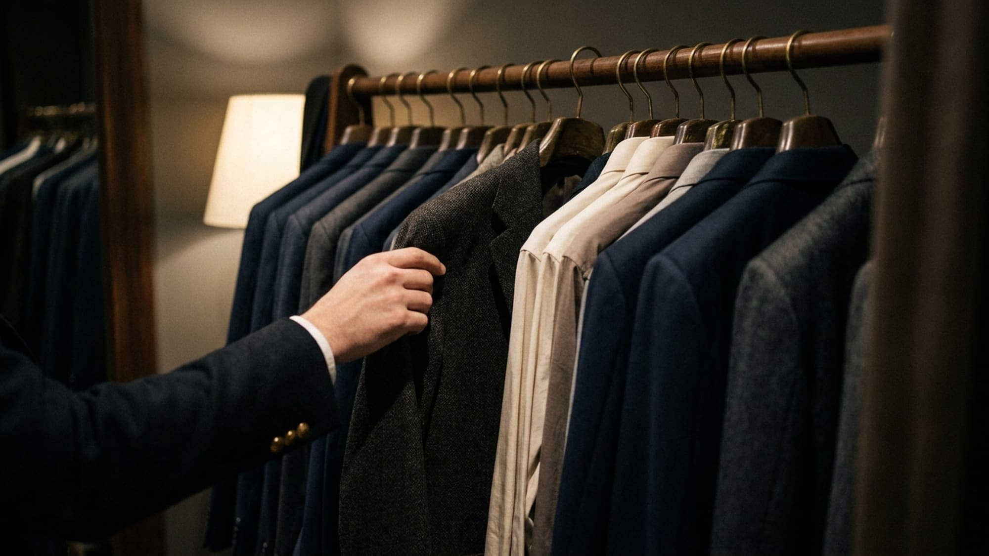 A hand reaching along a rail of finished jackets in navy, grey and cream, lit by a single lamp