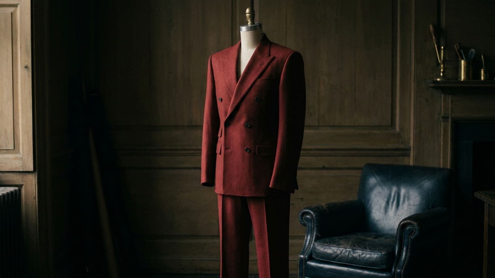 A woman's deep red tailored jacket on a dress form, seen from the side to show the shaping