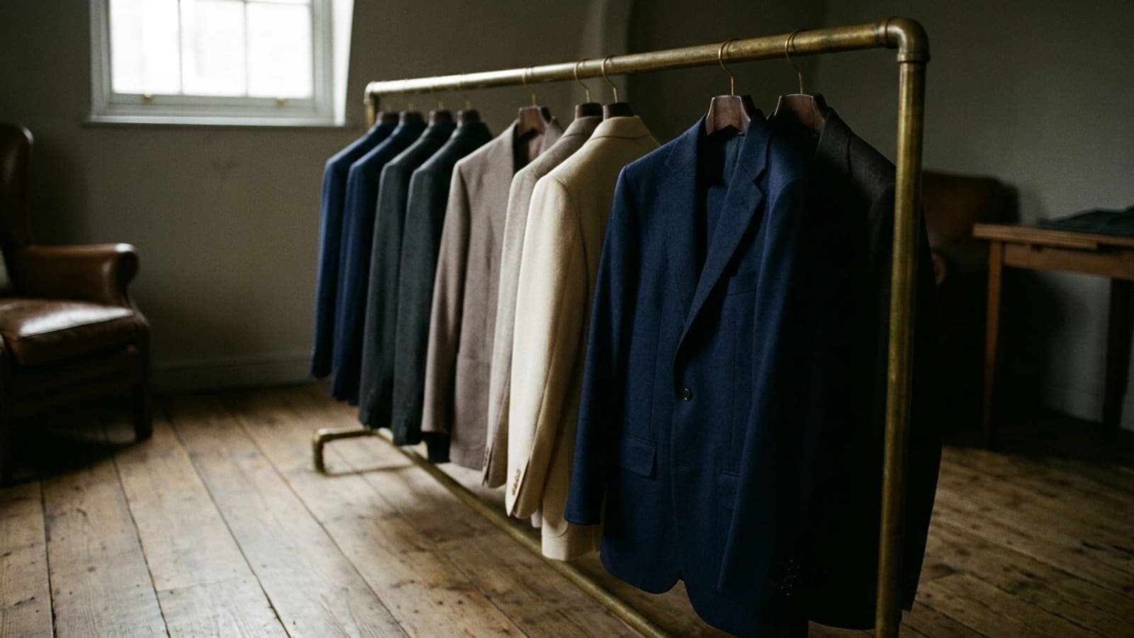 A rail of suits in one cloth family, subtly different in cut, receding along a quiet room