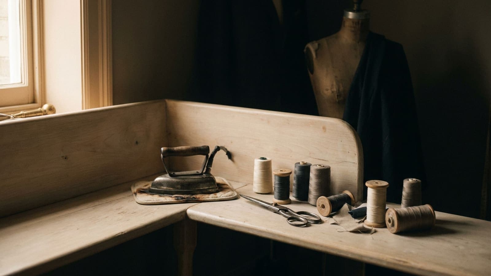 The corner of a long-used workroom: a bench worn pale, shears, a heavy iron and spools of thread