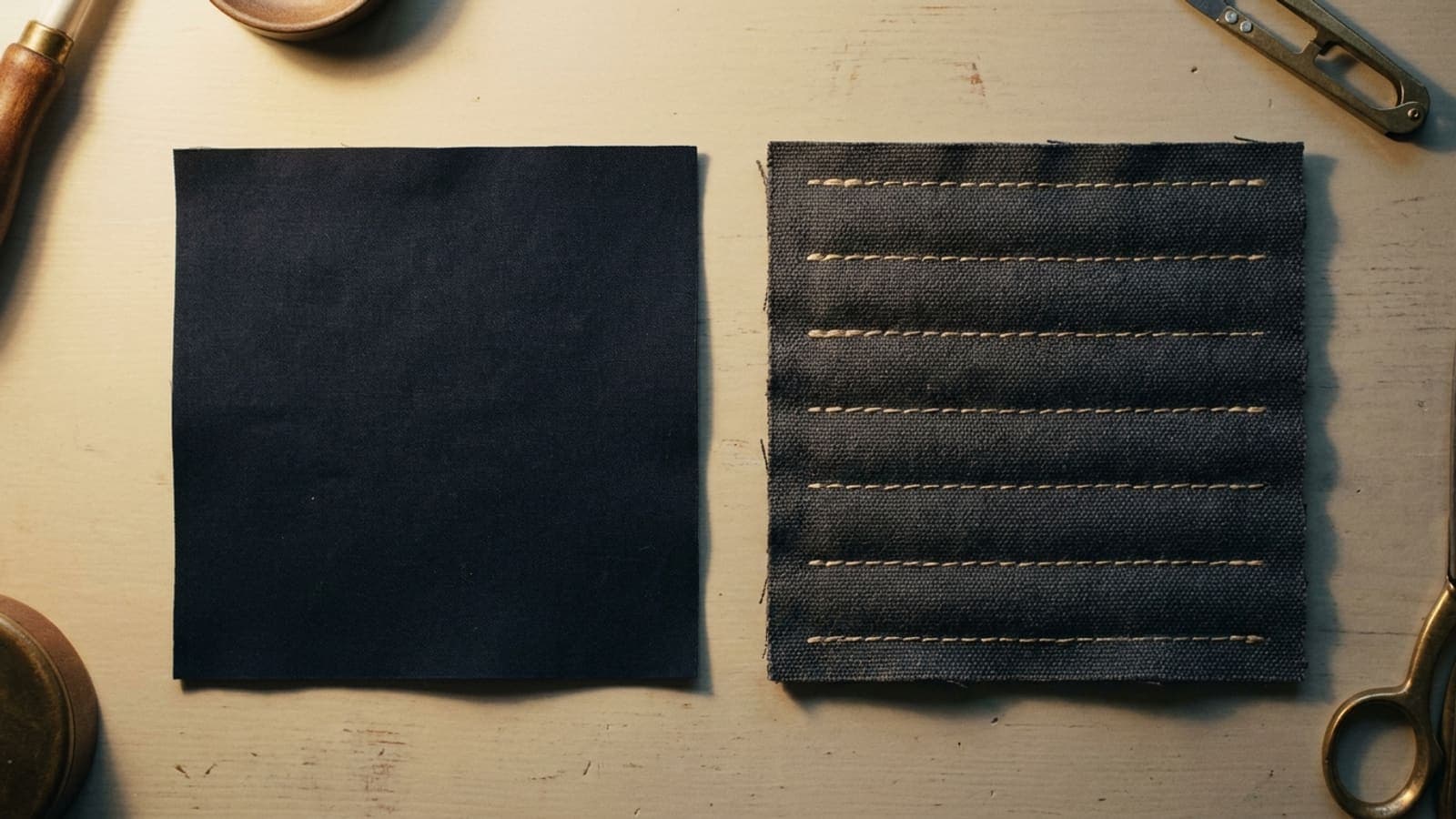 Two jacket fronts side by side, one showing fused interlining and one showing floating canvas