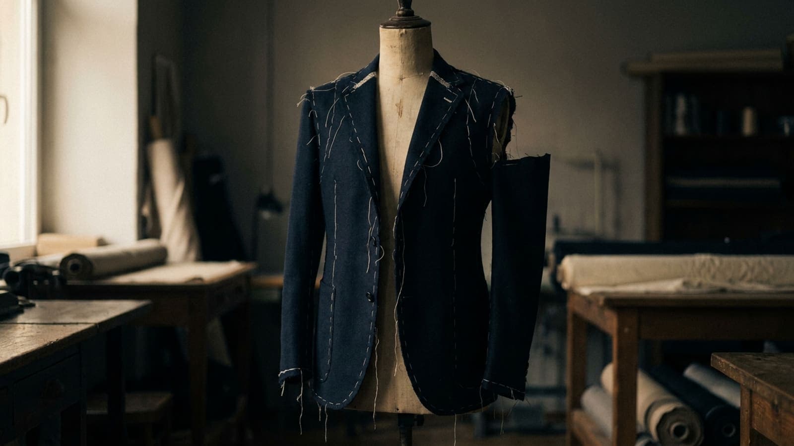 A jacket at the basted stage on a dress form: white basting thread along every seam, no lining, one sleeve