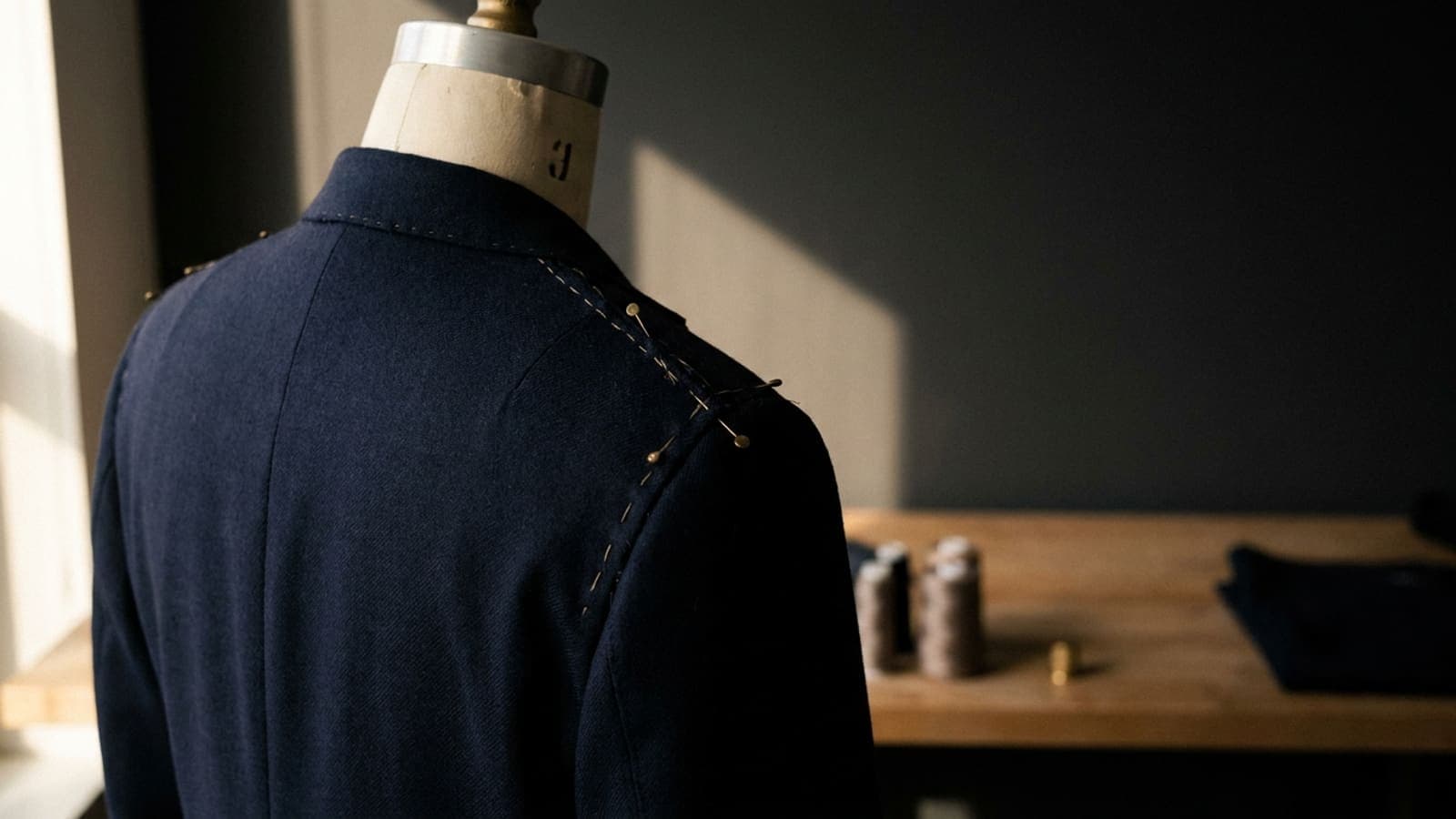 The shoulder of a half-made navy jacket on a dress form, the sleeve head pinned in place
