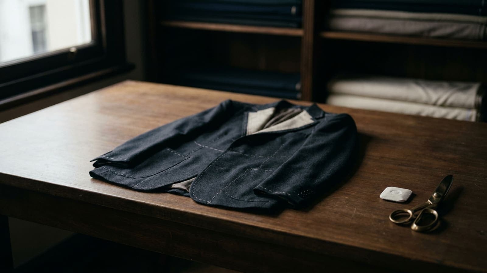 An empty tailor's bench, clear but for shears, chalk and a single half-made canvassed jacket front
